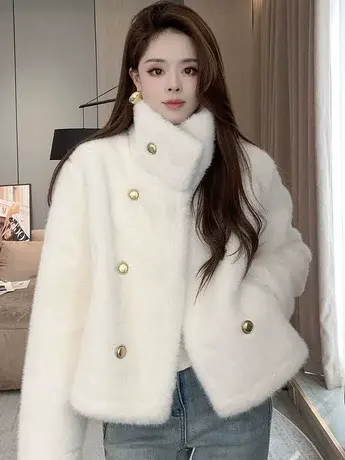 新款时尚设计感高领保暖双排扣2023冬韩版仿水貂毛皮毛一体短外套商品大图