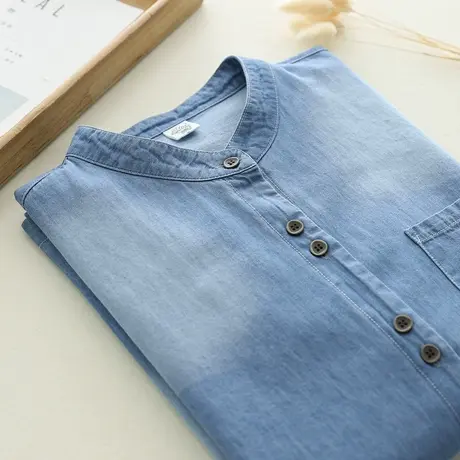春秋季韩版复古文艺柔软舒适纯棉牛仔长袖立领衬衫女宽松百搭上衣图片