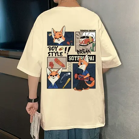 纯棉宽松美式休闲短袖T恤男夏季新款oversize半袖狐狸卡通体恤衫商品大图