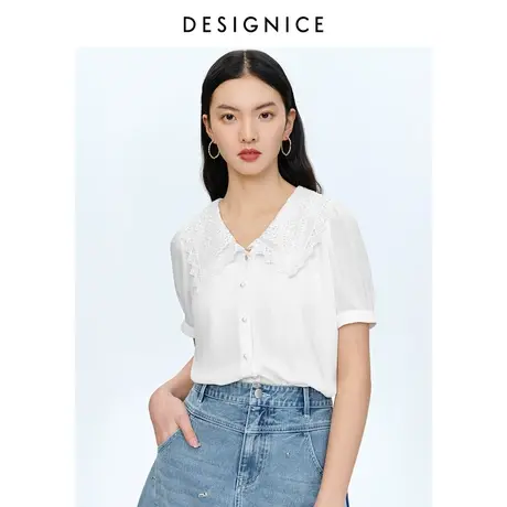 迪赛尼斯夏季新款设计感衬衣娃娃领拼接蕾丝短袖雪纺白衬衫女图片