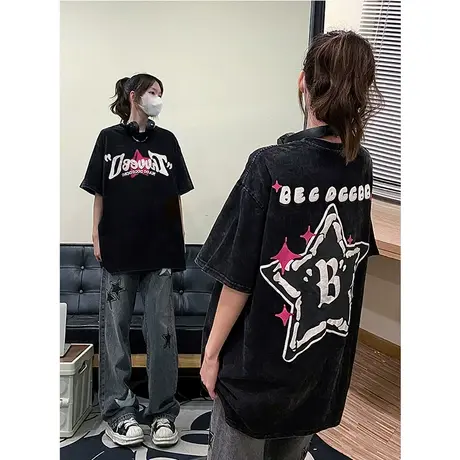 纯棉水洗做旧短袖t恤女2023夏季设计感潮牌高街美式复古宽松上衣商品大图