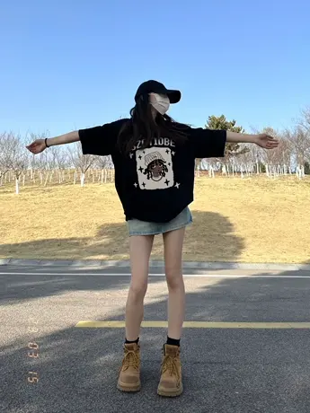 黑色纯棉短袖t恤女夏季2023新款宽松美式复古潮牌小众设计感上衣商品大图