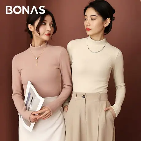 宝娜斯半高领打底衫春季新款女秋冬洋气修身内搭大码黑白色长袖商品大图