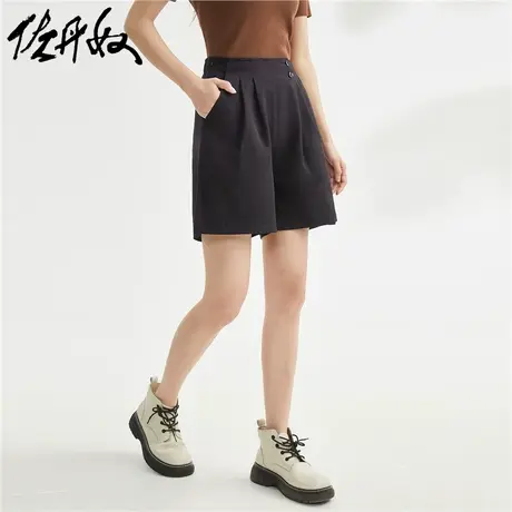 佐丹奴短裤女装梭织纽扣打褶半松紧腰宽松休闲西装短裤 13403320商品大图