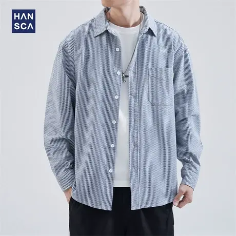 hansca蓝色条纹衬衫男高级感秋季新款潮牌翻领日系复古衬衣外套男商品大图