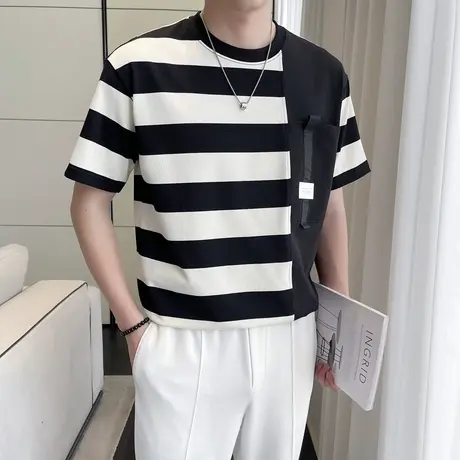 条纹T恤男夏季潮牌短袖T恤上衣ins韩版撞色拼接休闲小众T恤半截袖商品大图