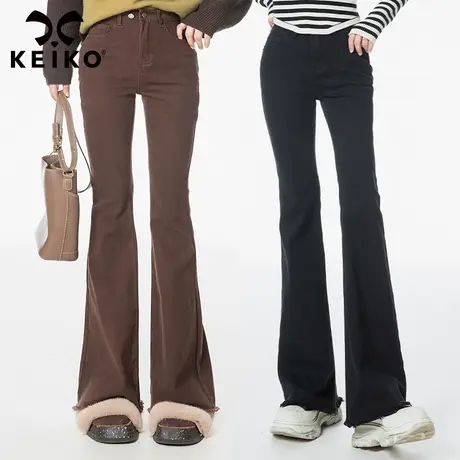 【2色】黑色微喇叭牛仔裤女秋冬韩系毛边设计弹力显瘦马蹄长裤子商品大图