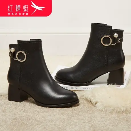 红蜻蜓真皮短靴女2023新款靴子秋冬加绒保暖百搭皮靴马丁靴女皮鞋商品大图