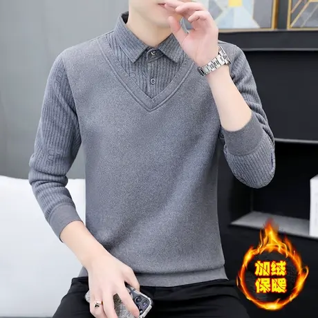加绒加厚假两件毛衣男士冬季保暖一体绒上衣服带领潮流针织打底衫商品大图