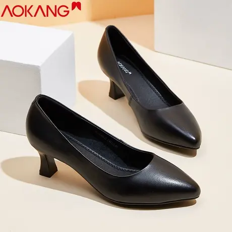 奥康女鞋2024新款尖头空姐黑色职业舒适真皮高跟单鞋浅口工作鞋女商品大图
