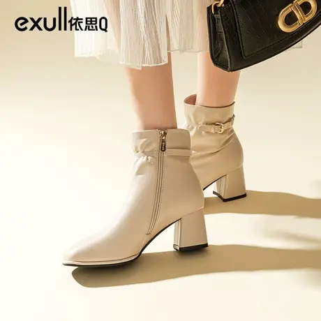 依思q靴子女中筒靴女2023冬新款加绒高跟短靴小个子粗跟高跟鞋女商品大图