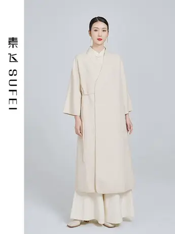 素飞中式毛呢外套2023年新款女春季呢子大衣素色交领宽松禅意茶服图片