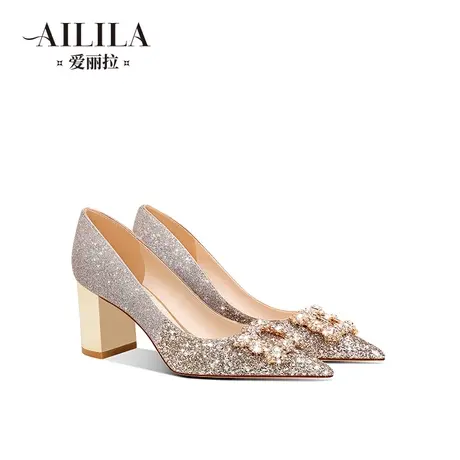 爱丽拉法式粗跟婚鞋女2023新款禾秀婚纱两穿新娘闪钻高跟鞋不累脚商品大图
