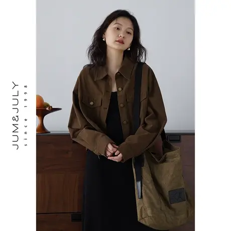 嘉茱莉1OO棉工装夹克外套女棕色小个子短款衬衫上衣美拉德穿搭图片