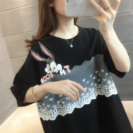 2023年新款夏季蕾丝拼接短袖卡通兔子字母t恤女百搭减龄宽松上衣商品大图