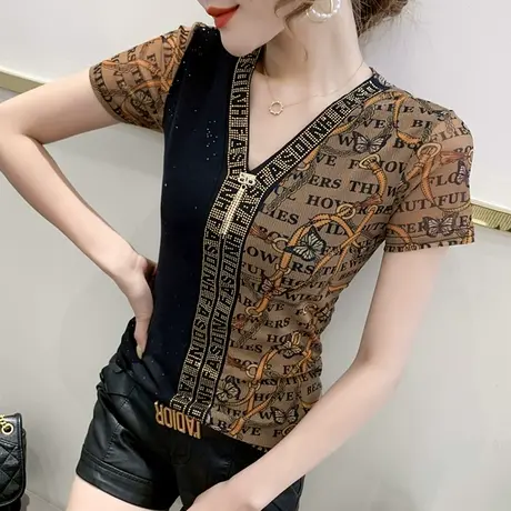 时尚撞色印花T恤女短袖夏装设计感烫钻上衣洋气百搭网纱半袖小衫商品大图