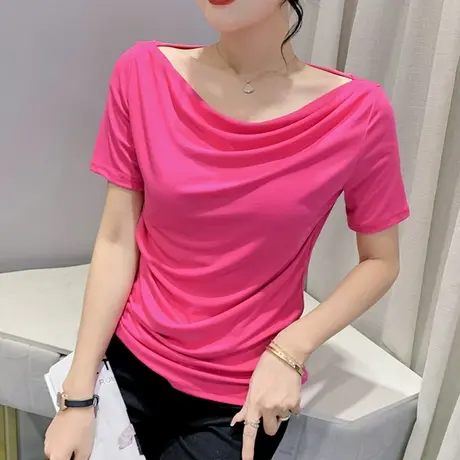 一字肩短袖女装欧货性感t恤2023洋气百搭垂感上衣修身半袖小衫ins商品大图