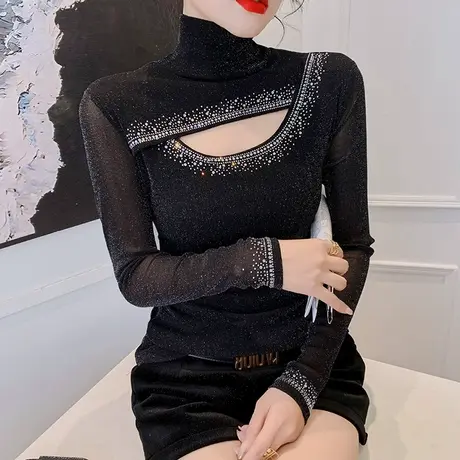 性感镂空烫钻T恤女长袖欧货网纱高领打底衫内搭春秋显瘦气质上衣商品大图