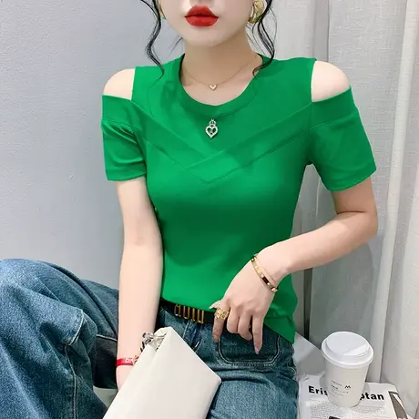 2023夏季新款性感露肩T恤女短袖时尚洋气圆领小衫纯色百搭上衣ins商品大图