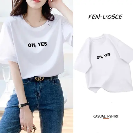 纯棉短袖t恤女2023年夏季新款宽松大码半袖体恤时尚字母印花上衣商品大图