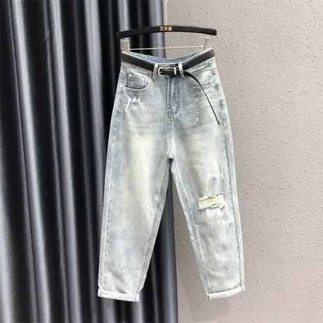 设计感烫钻休闲牛仔裤欧货女夏新款显瘦高腰时尚破洞小脚哈伦裤潮图片