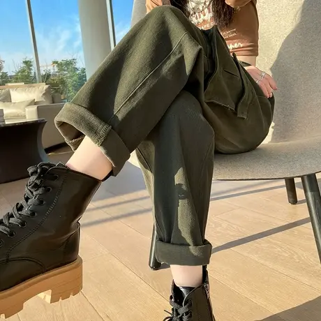 军绿色工装牛仔裤女2023春秋新款高腰直筒宽松显瘦美式复古老爹裤商品大图