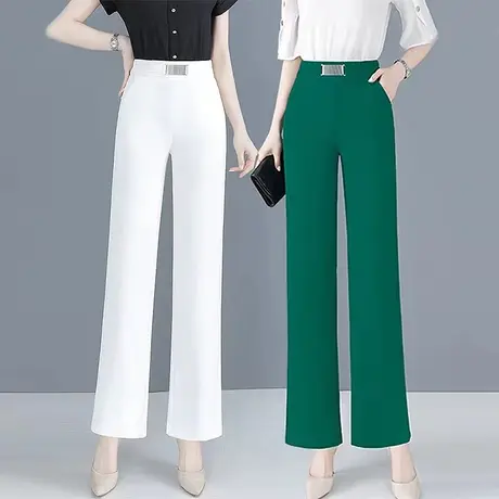绿色休闲窄版阔腿裤女夏天垂感显瘦宽松西装裤高级感薄款直筒裤子图片
