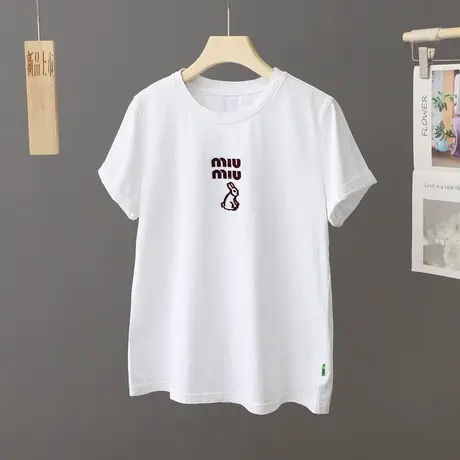 夏装新款短袖t恤女圆领植绒刺绣套头休闲上衣小个子纯棉打底小衫商品大图