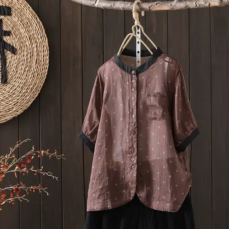 枫谜2023年夏季新款原宿风苎麻波点立领薄款短袖上衣宽松休闲衬衫图片
