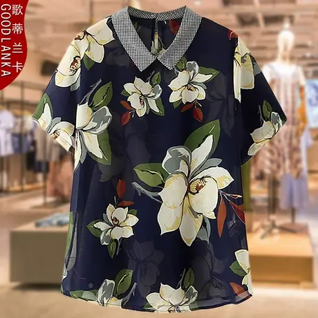 40-50岁中年妈妈夏装雪纺衫大码宽松遮肚时尚印花拼接短袖T恤上衣商品大图