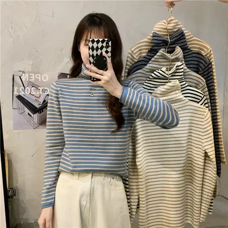 条纹半高领德绒打底衫长袖t恤女秋冬洋气保暖内搭加绒加厚上衣服商品大图