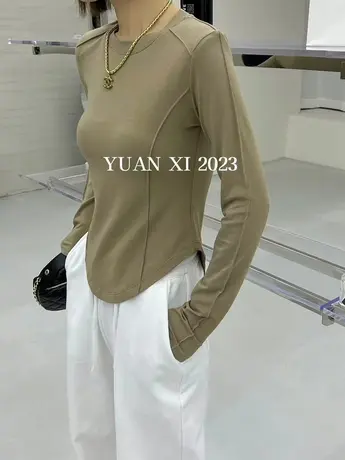 2023春秋装新款洋气长袖圆领T恤女修身显瘦明线设计内搭打底衫潮商品大图