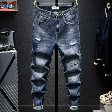 春秋款蓝色潮牌破洞牛仔裤男宽松直筒百搭男士休闲老爹裤子男磨烂商品大图