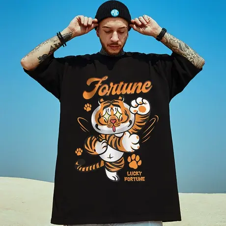 国潮胖子t恤潮流纯棉大码男装宽松加肥加大欧美潮牌半袖五分短袖商品大图