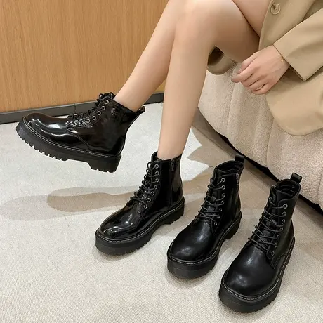 春季马丁靴女鞋子高帮女士新款中帮拉链英伦黑色机车休闲防水皮靴商品大图