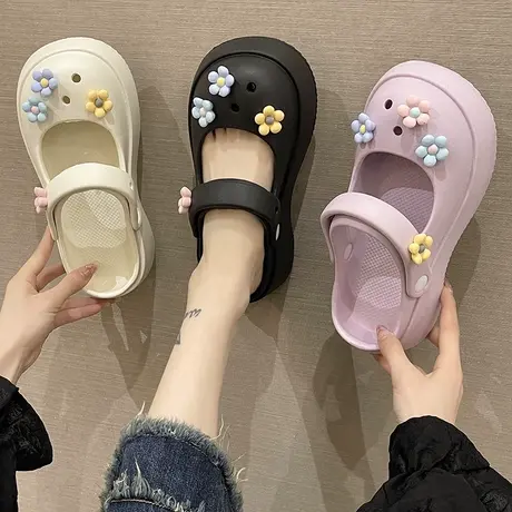 松糕厚底增高洞洞鞋女夏季ins潮时尚外穿可爱花朵防滑包头凉拖鞋图片