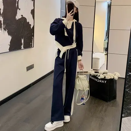 韩版春秋季新款连帽卫衣套装女装休闲长袖大码胖妹妹两件套200斤商品大图