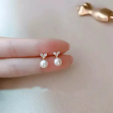 韩系耳饰高级感厚耳垂爱心小珍珠耳坠耳环小巧吊坠小香风耳钉女商品大图