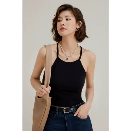 弥古黑色挂脖吊带背心女夏外穿美背带胸垫短款针织内搭上衣打底衫图片