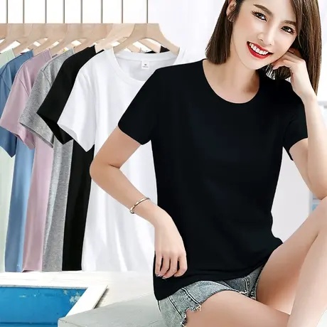 纯棉短袖t恤女2024年夏季新款正肩黑色半袖圆领女装显瘦夏款上衣图片