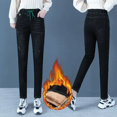 加厚加绒牛仔裤女百搭长裤2023年秋冬新款大码显瘦松紧腰小脚裤子图片