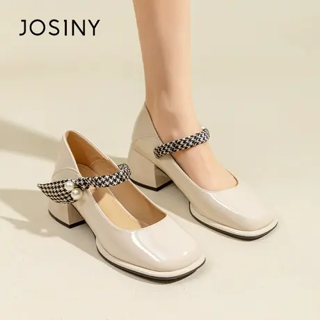 Josiny/卓诗尼珍珠粗跟漆皮小皮鞋女夏季2023年新款时尚方头单鞋商品大图