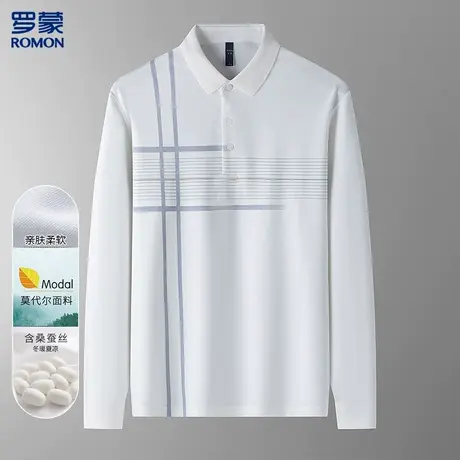 罗蒙印花长袖polo衫男士t恤长袖秋季含桑蚕丝莫代尔打底衫男图片