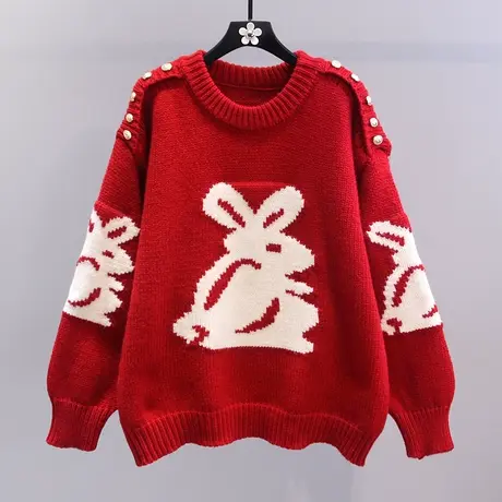 兔年本命年红色毛衣女秋冬2023新款宽松慵懒风设计感洋气针织上衣图片