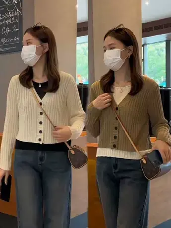 2023秋季新款小众设计感长袖上衣洋气休闲假两件修身针织衫上衣女商品大图