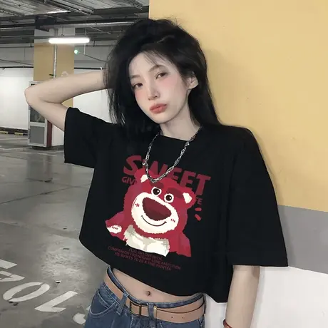 美式短款短袖t恤女大码复古vintage甜辣风ins潮夏季正肩纯棉上衣商品大图