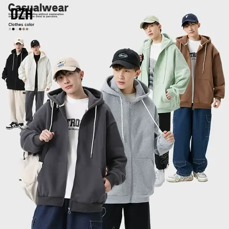 男士纯色连帽开衫卫衣男2023秋季新款潮牌长袖帽衫休闲情侣外套衣商品大图