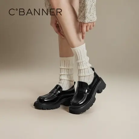 千百度厚底深口漆皮乐福鞋女2024春季新款增高JK小皮鞋黑色牛津鞋商品大图