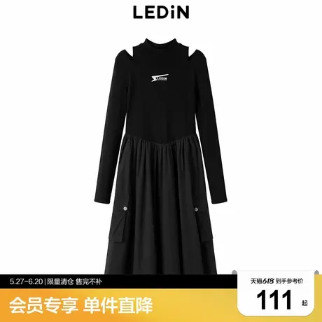 【清仓】乐町拼接连衣裙秋肩部镂空打底小黑裙C2FAD4112图片