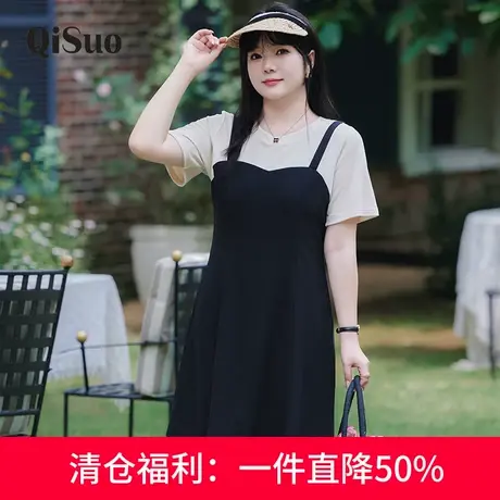 显瘦大码胖MM连衣裙2024年夏装新款休闲拼接吊带假两件收腰A字裙商品大图